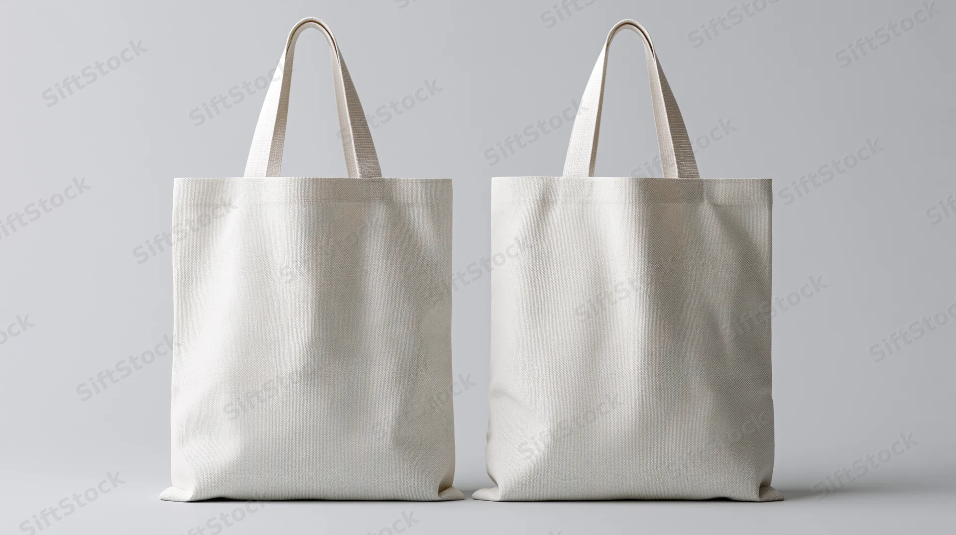 Two blank white canvas tote bags standing side by side on a gray surface