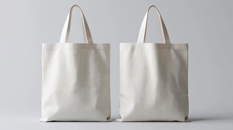 Two blank white canvas tote bags standing side by side on a gray surface