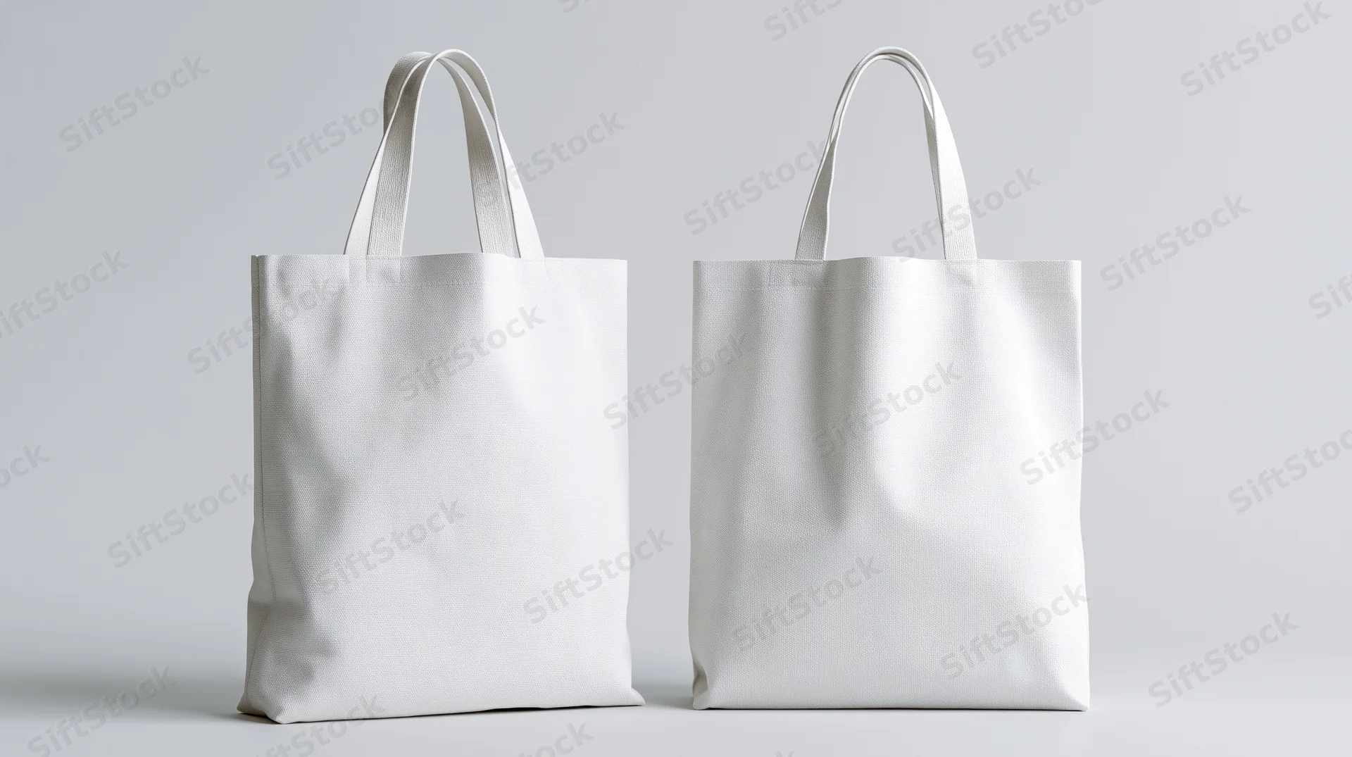 Two blank white canvas tote bags standing upright side by side on a plain surface