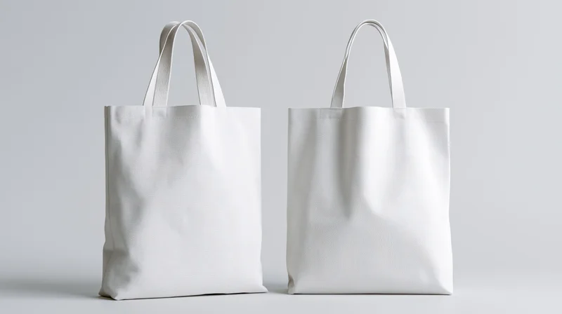 Two blank white canvas tote bags standing upright side by side on a plain surface