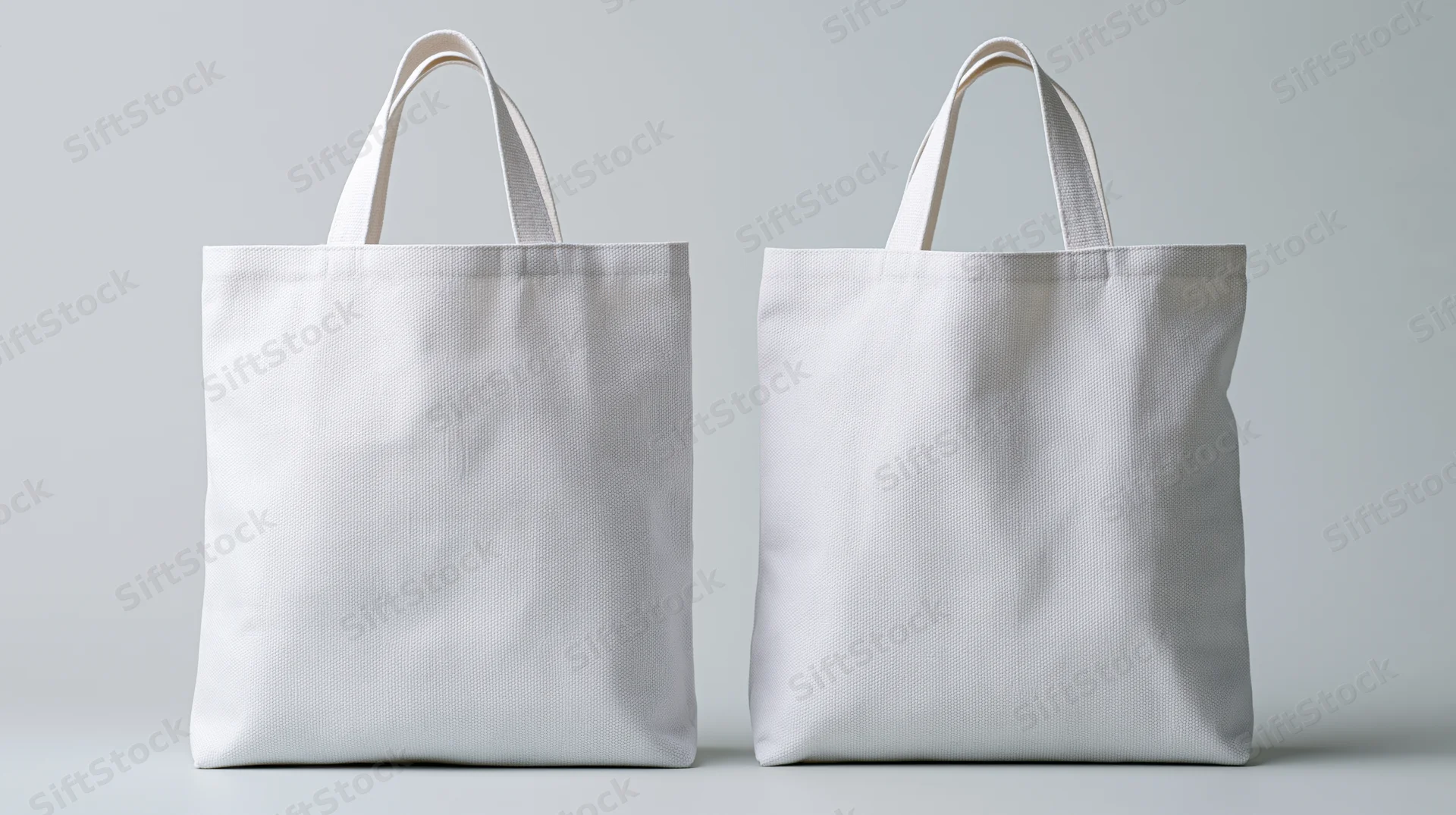 Two blank white canvas tote bags standing upright side by side on a neutral surface