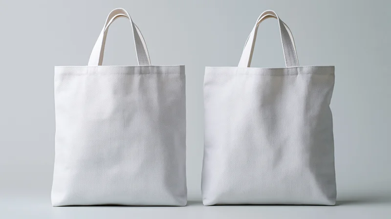 Two blank white canvas tote bags standing upright side by side on a neutral surface