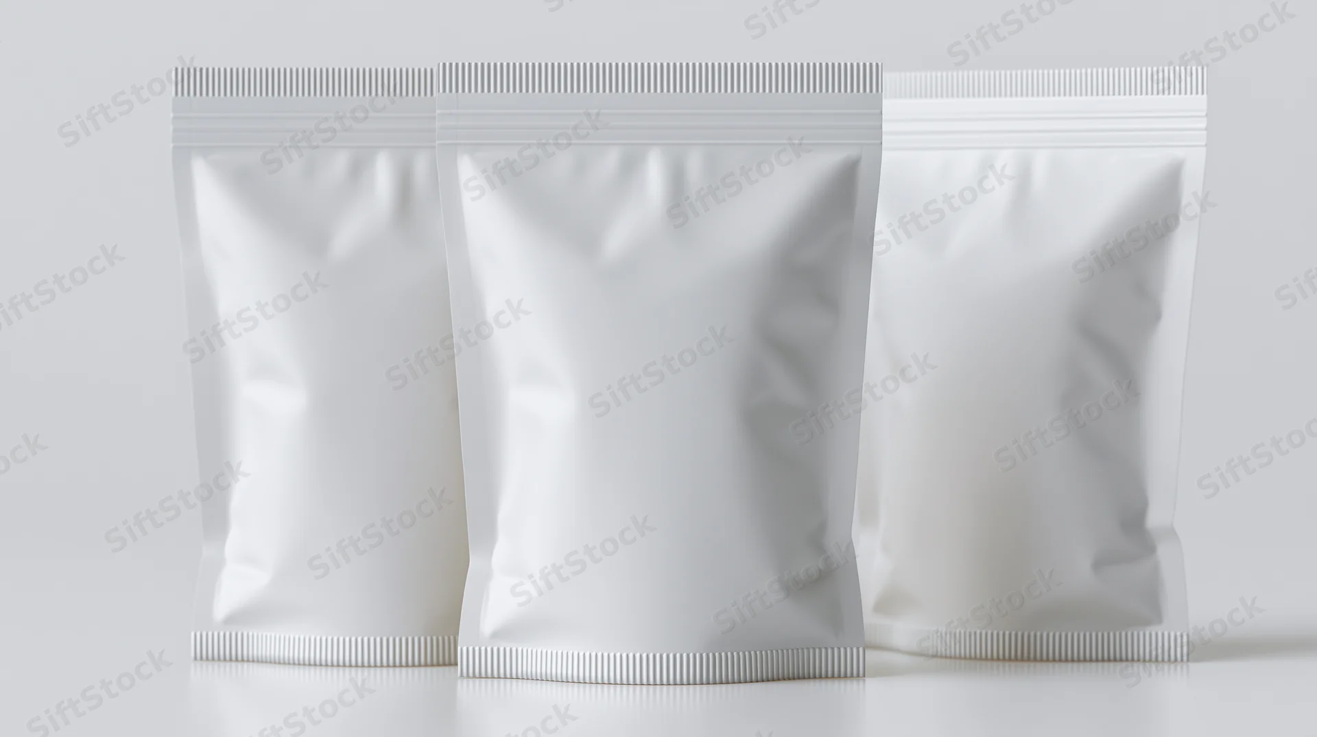 Three blank white foil snack pouches standing upright side by side on a white surface