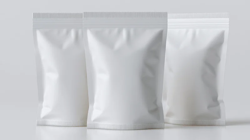 Three blank white foil snack pouches standing upright side by side on a white surface