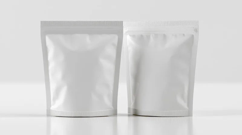 Two blank white foil snack pouches standing upright side by side on a white surface