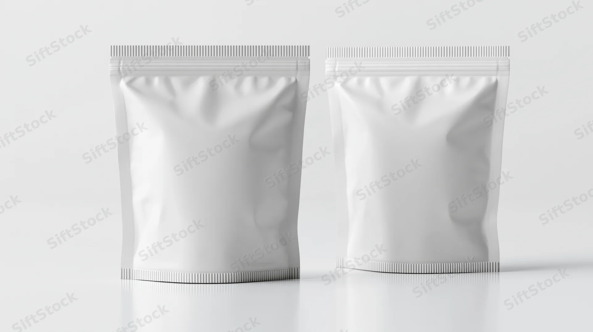 Two blank white foil snack pouches standing upright side by side on a white surface