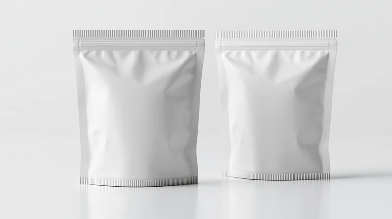 Two blank white foil snack pouches standing upright side by side on a white surface