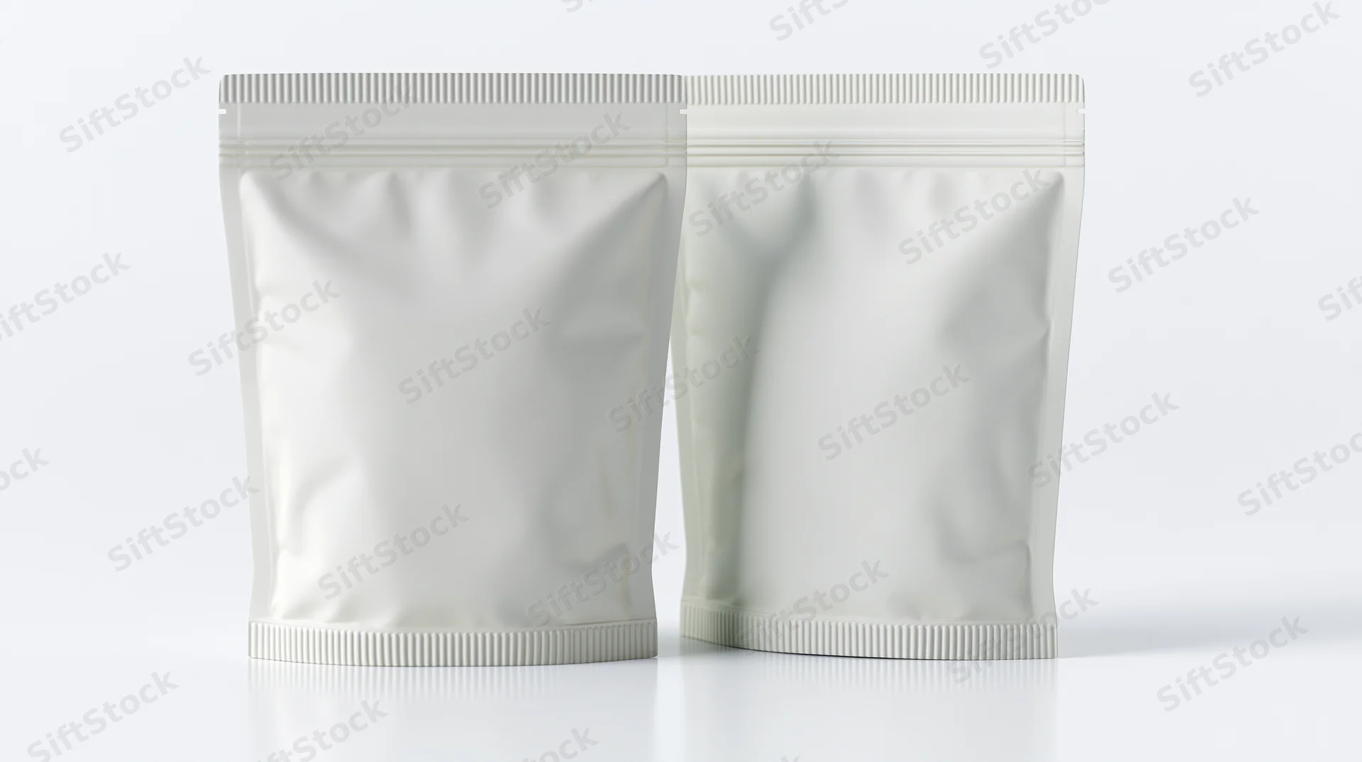 Two blank white foil snack pouches standing upright side by side on a white surface