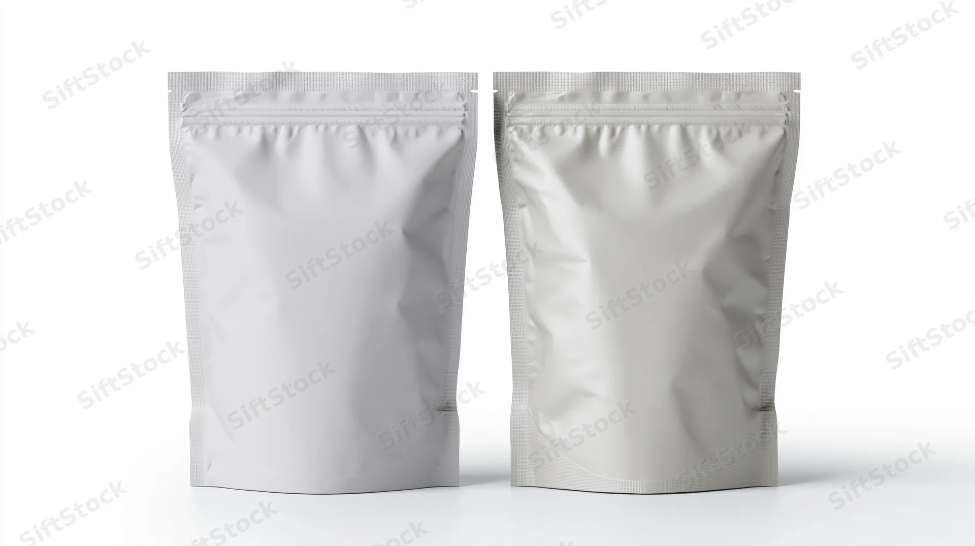 Two blank white foil snack pouches standing upright side by side on white background