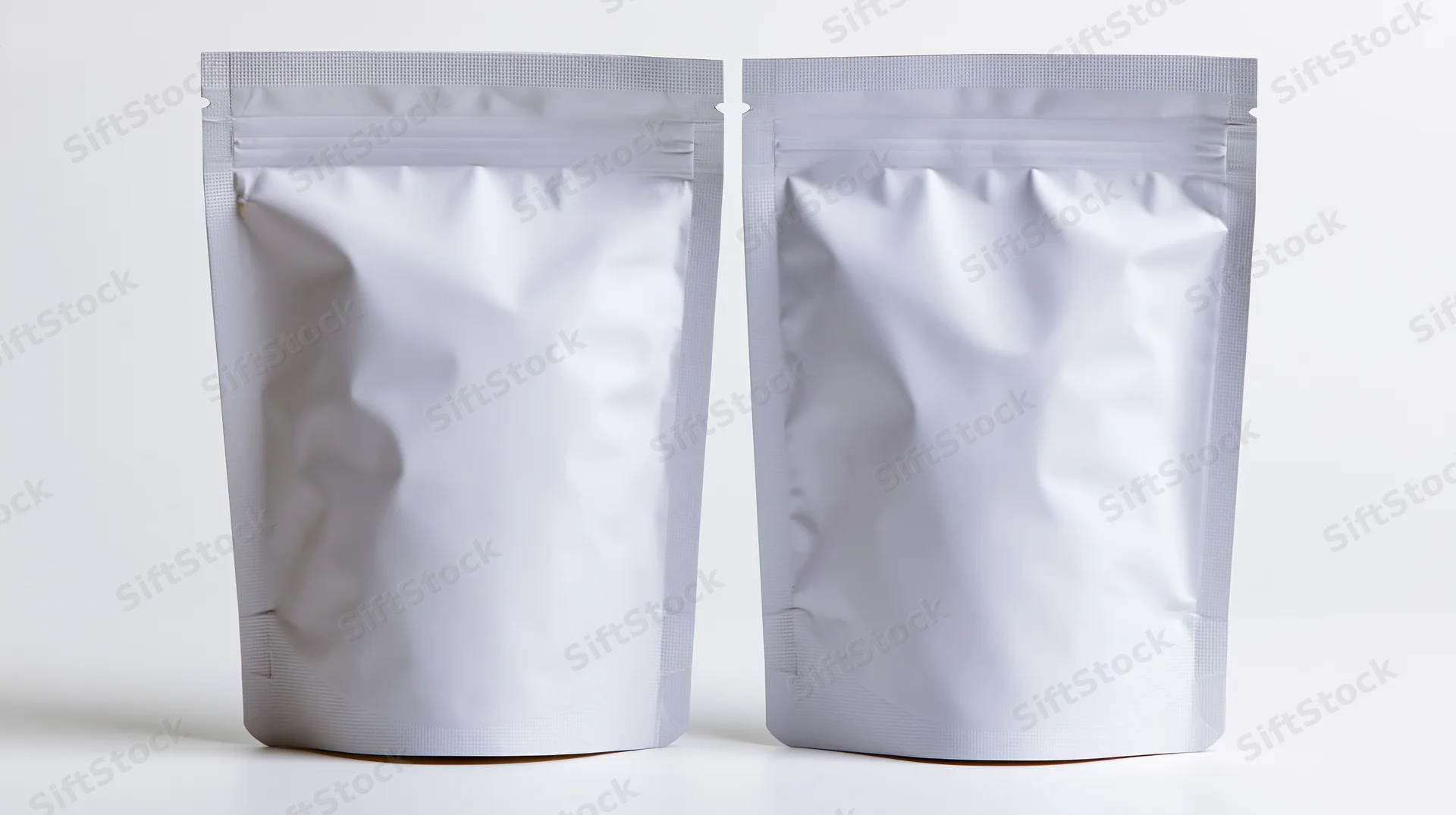 Two blank white foil snack pouches standing upright side by side on white background