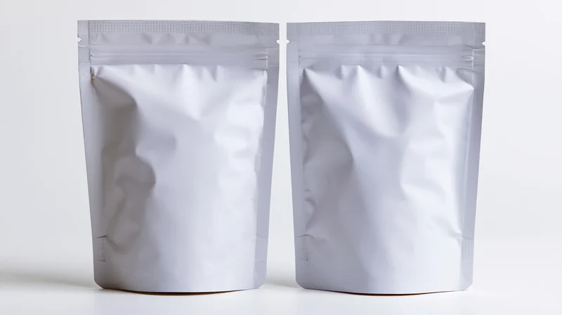 Two blank white foil snack pouches standing upright side by side on white background