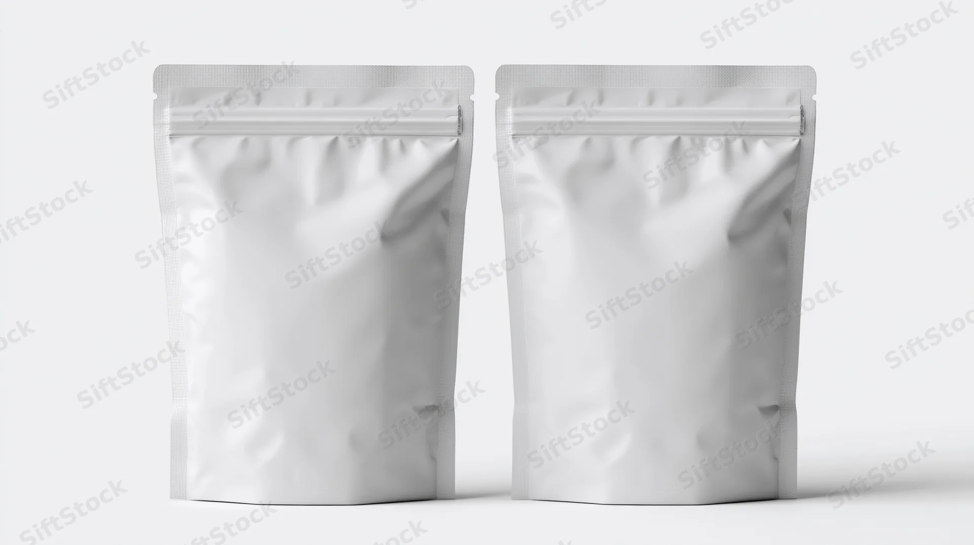 Two blank white foil snack pouches standing upright side by side on a white surface