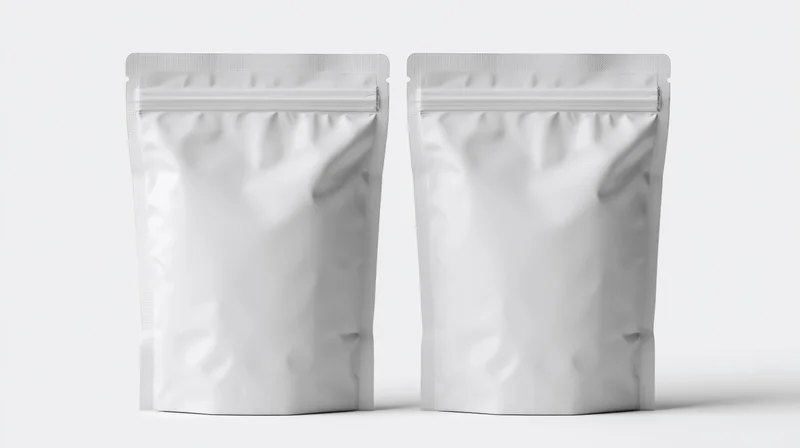 Two blank white foil snack pouches standing upright side by side on a white surface