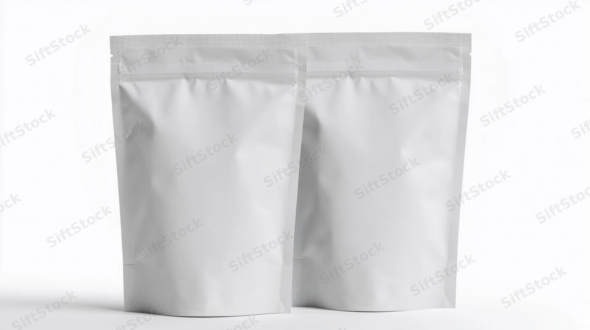 Two blank white foil snack pouches standing upright side by side on white background
