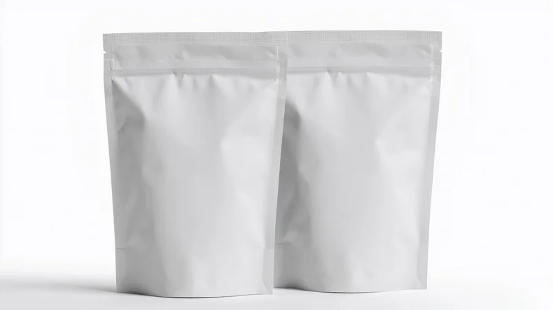 Two blank white foil snack pouches standing upright side by side on white background