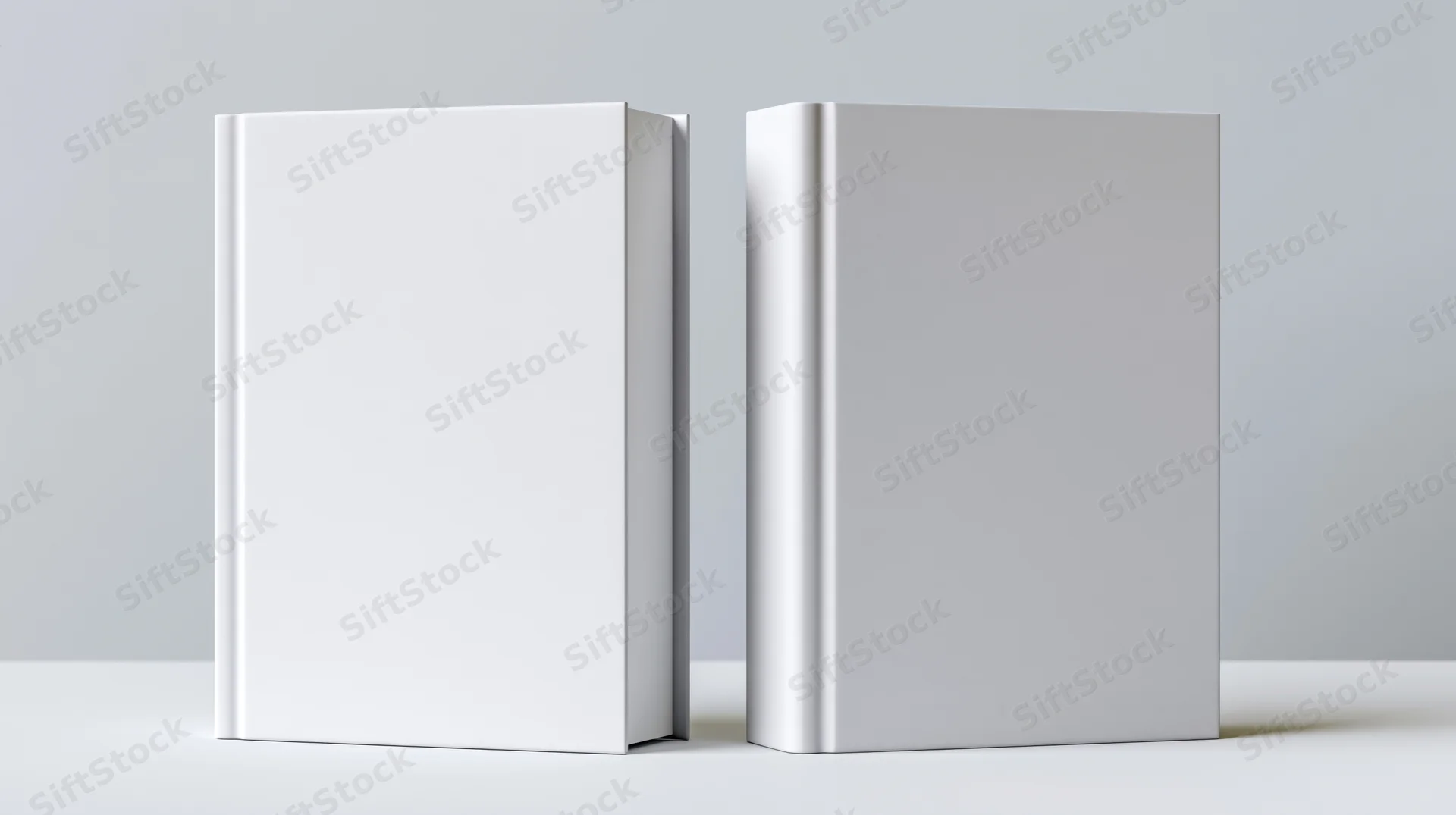 Two blank white hardcover books standing upright side by side on a light surface