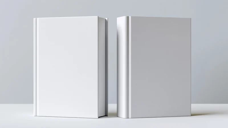 Two blank white hardcover books standing upright side by side on a light surface