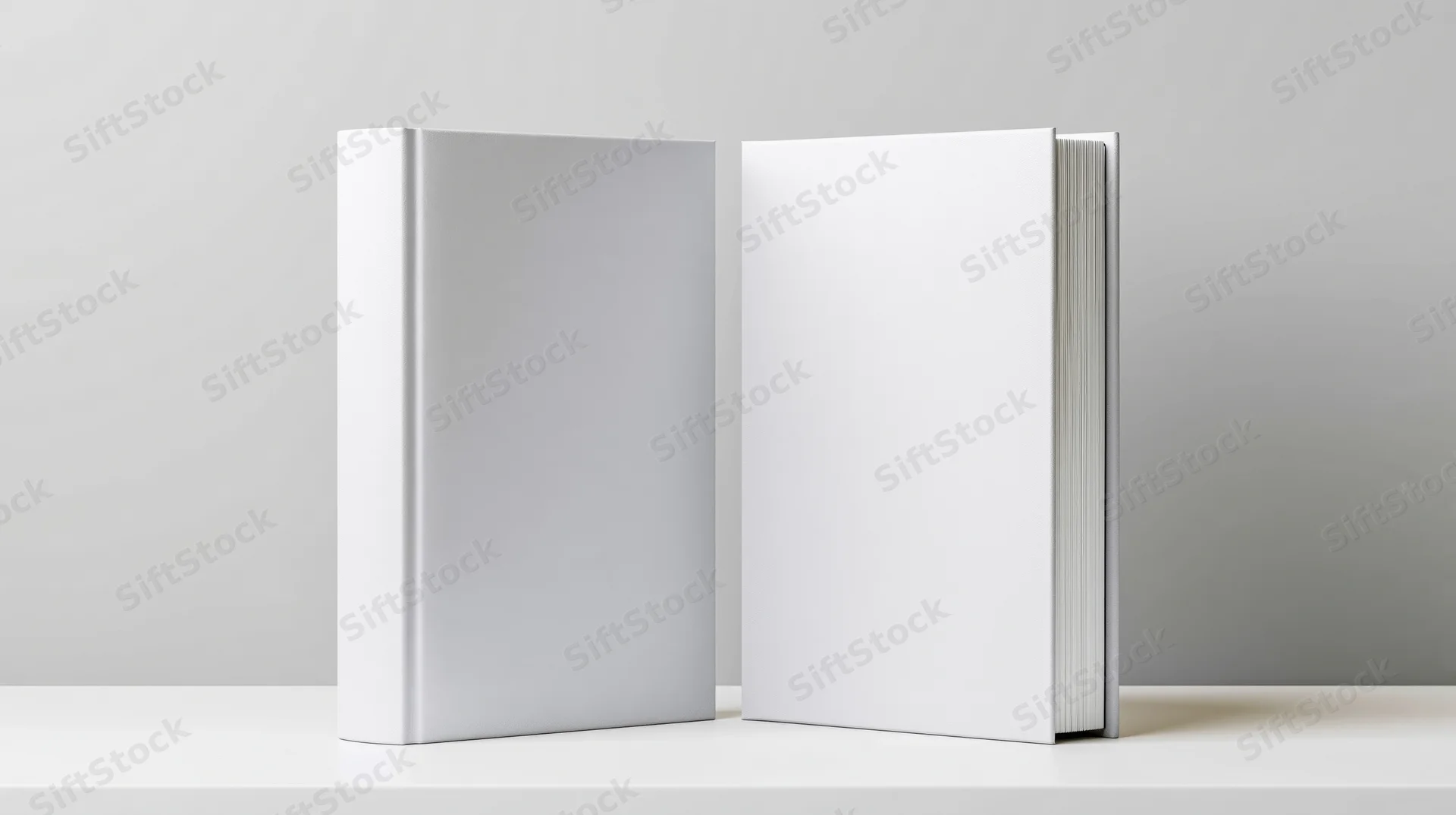 Two blank white hardcover books standing upright side by side on a white surface