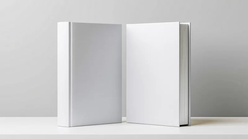 Two blank white hardcover books standing upright side by side on a white surface
