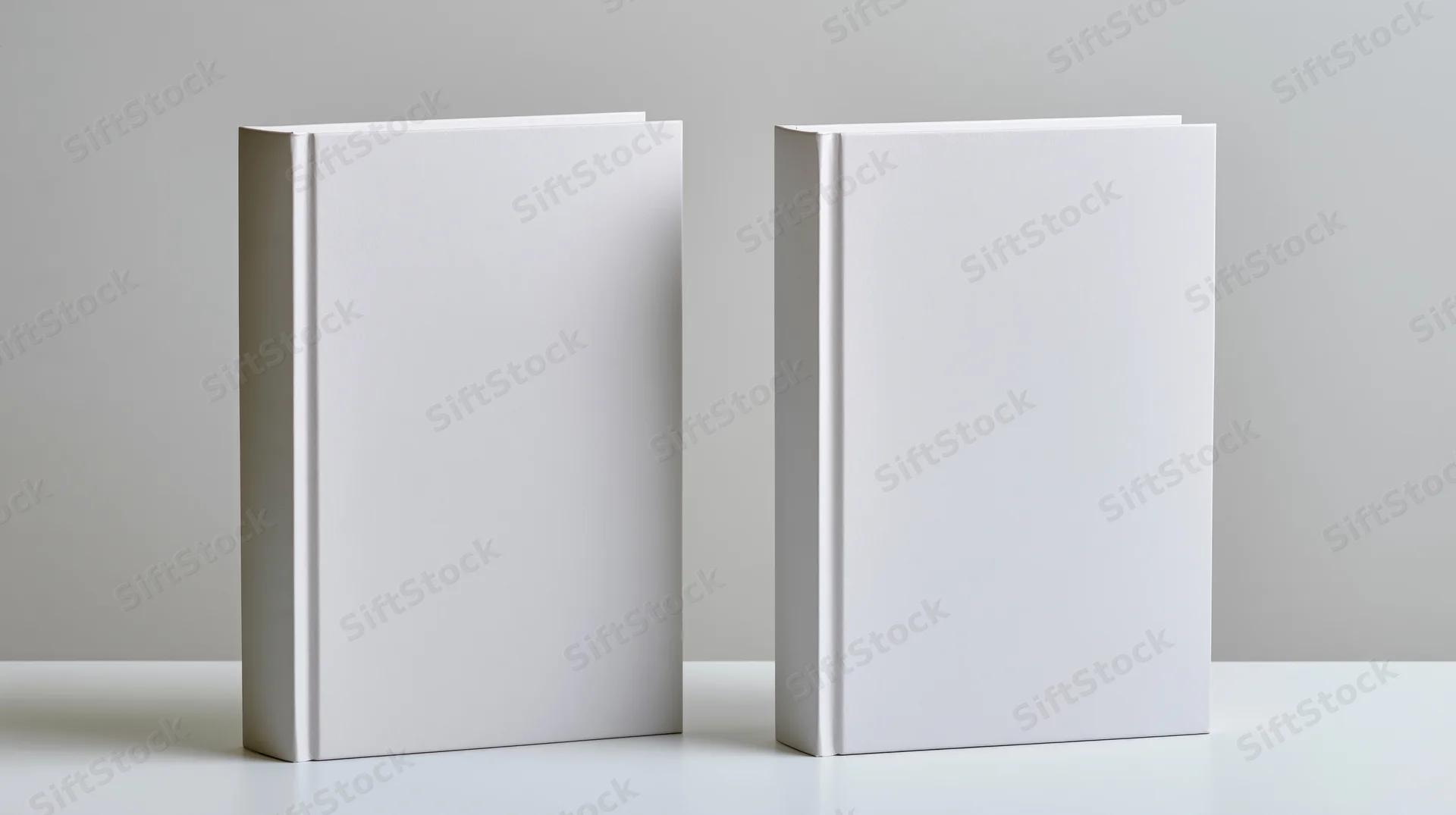 Two blank white hardcover books standing upright side by side on a white surface