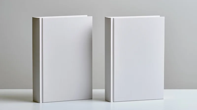 Two blank white hardcover books standing upright side by side on a white surface