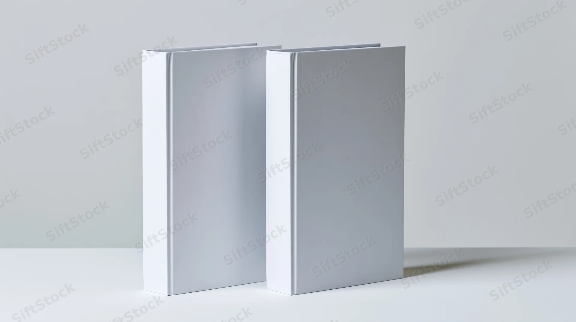 Two blank white hardcover books standing upright side by side on a light surface