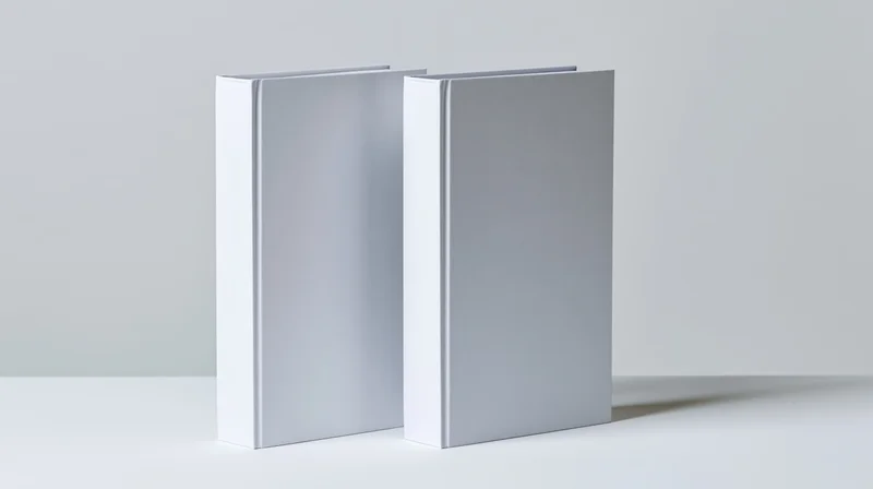 Two blank white hardcover books standing upright side by side on a light surface