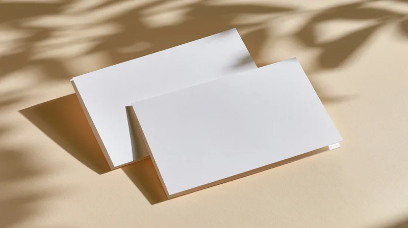 Two blank white cards overlapping on a beige surface with leaf shadows from sunlight