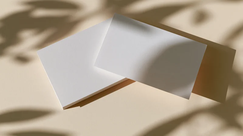 Two blank white rectangular cards overlapping slightly on a beige surface with leaf shadows from sunlight