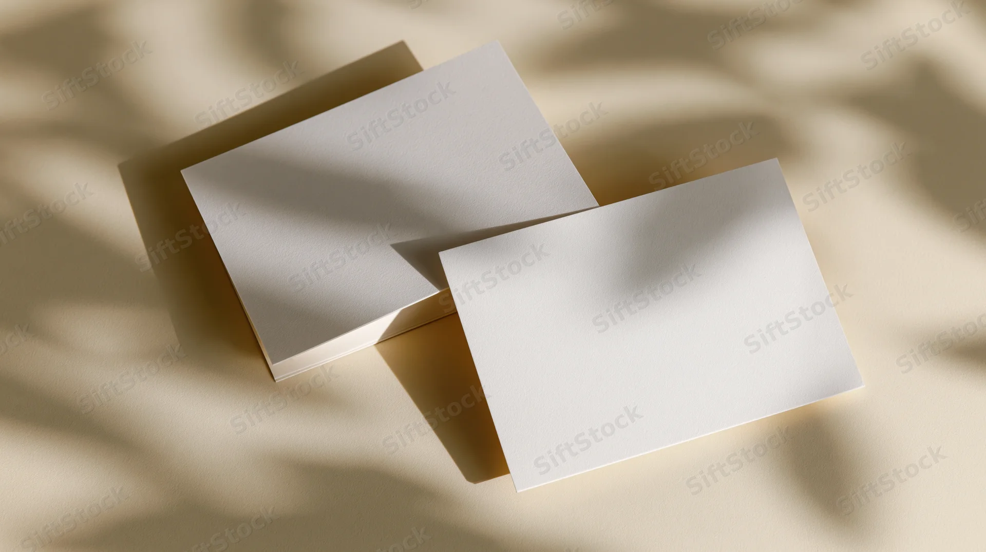 Two blank white rectangular cards overlapping on a beige surface with soft sunlight and shadows