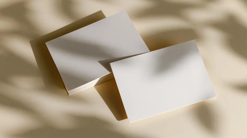 Two blank white rectangular cards overlapping on a beige surface with soft sunlight and shadows