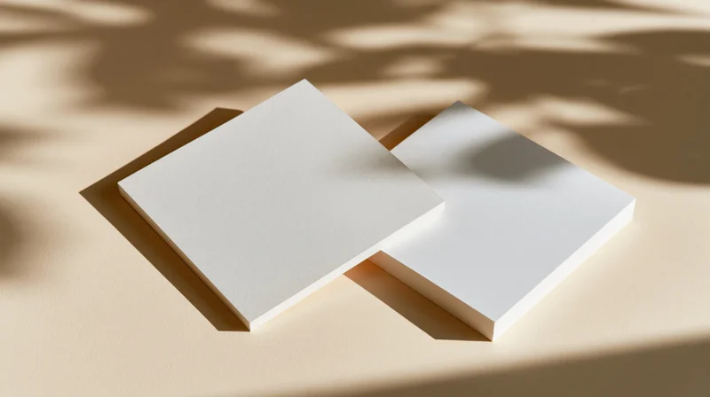 Two blank white cards overlapping on a beige surface with dappled sunlight shadows