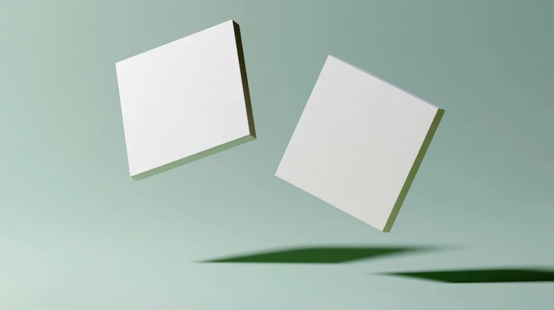 Two blank white square cards floating at slight angles against a light green background with soft shadows
