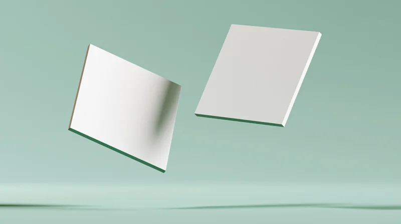 Two blank white square cards floating at slight angles against a mint green background