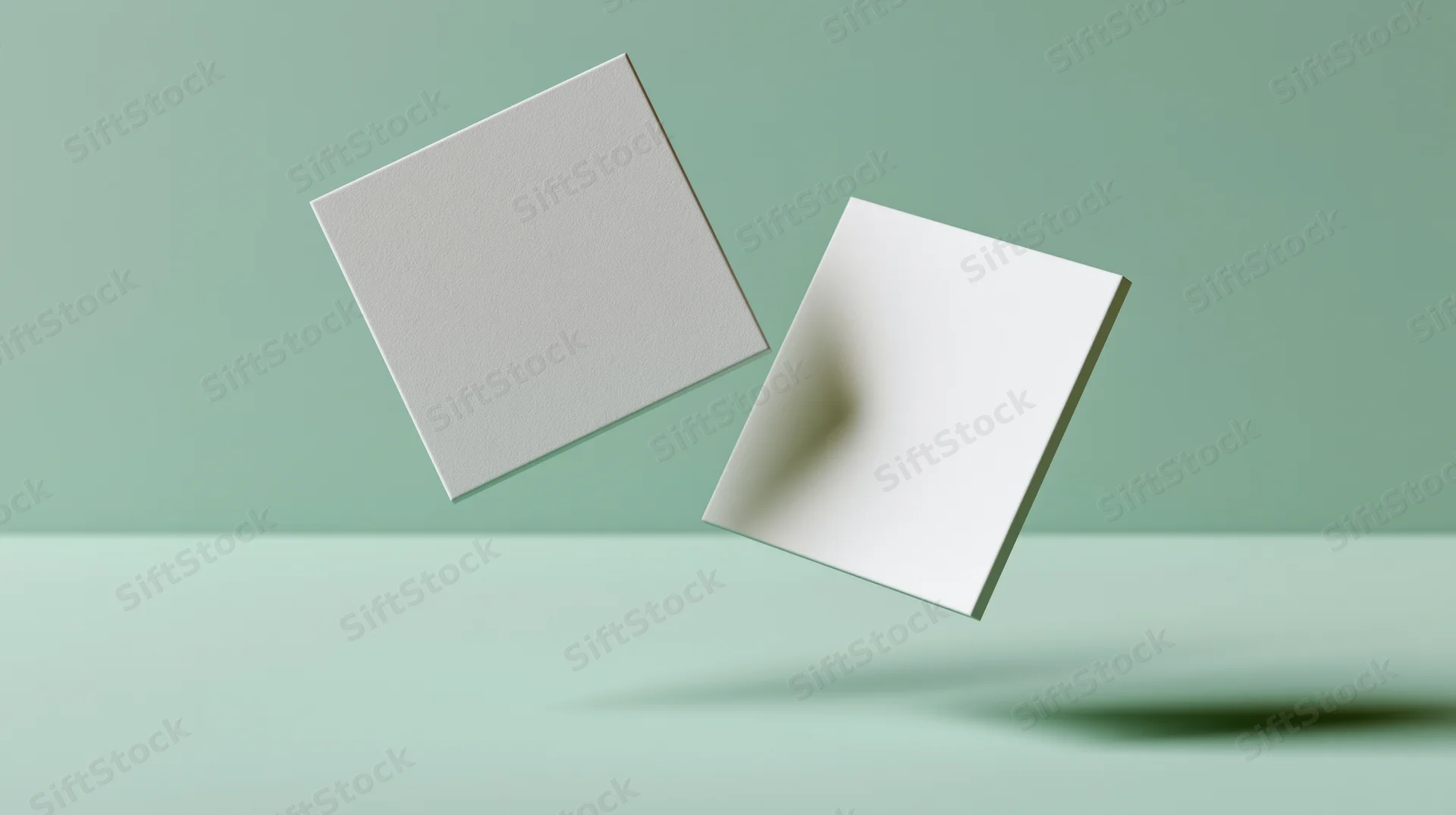 Two blank white square cards floating at slight angles against a mint green background with soft shadows and copyspace