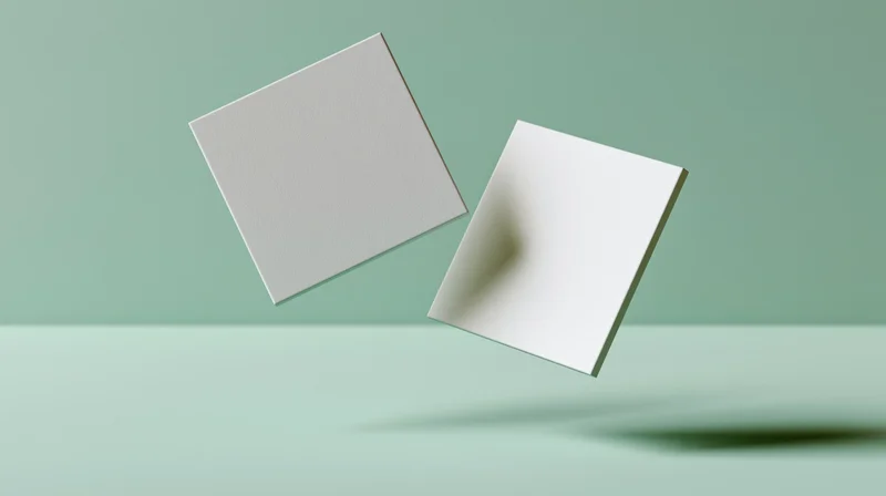 Two blank white square cards floating at slight angles against a mint green background with soft shadows and copyspace