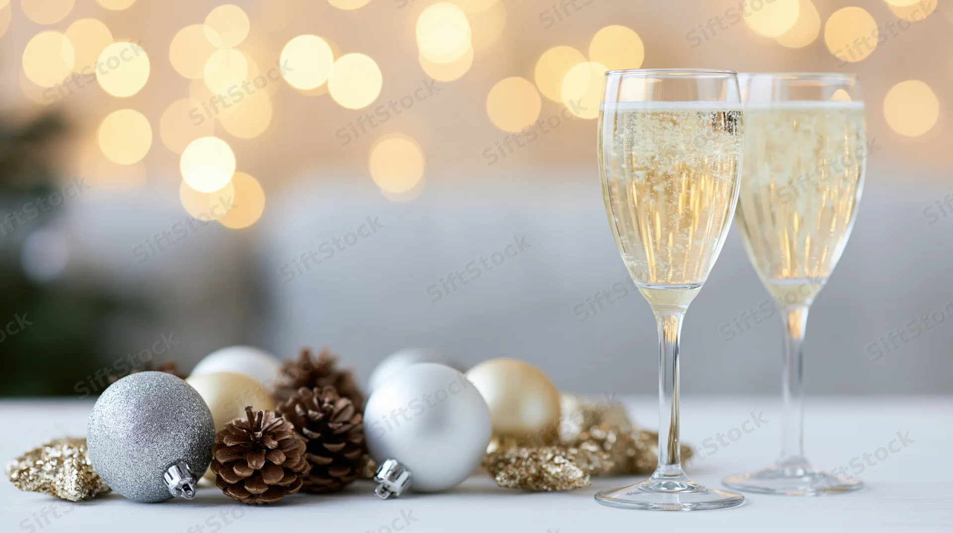 Two champagne flutes filled with sparkling wine beside silver and gold ornaments on a table with bokeh lights in the background