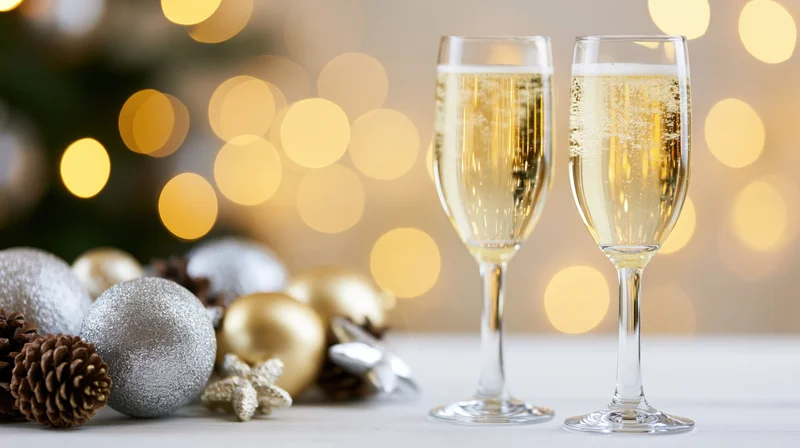 Two champagne flutes filled with sparkling wine beside silver and gold holiday ornaments on a white table with bokeh lights in the background