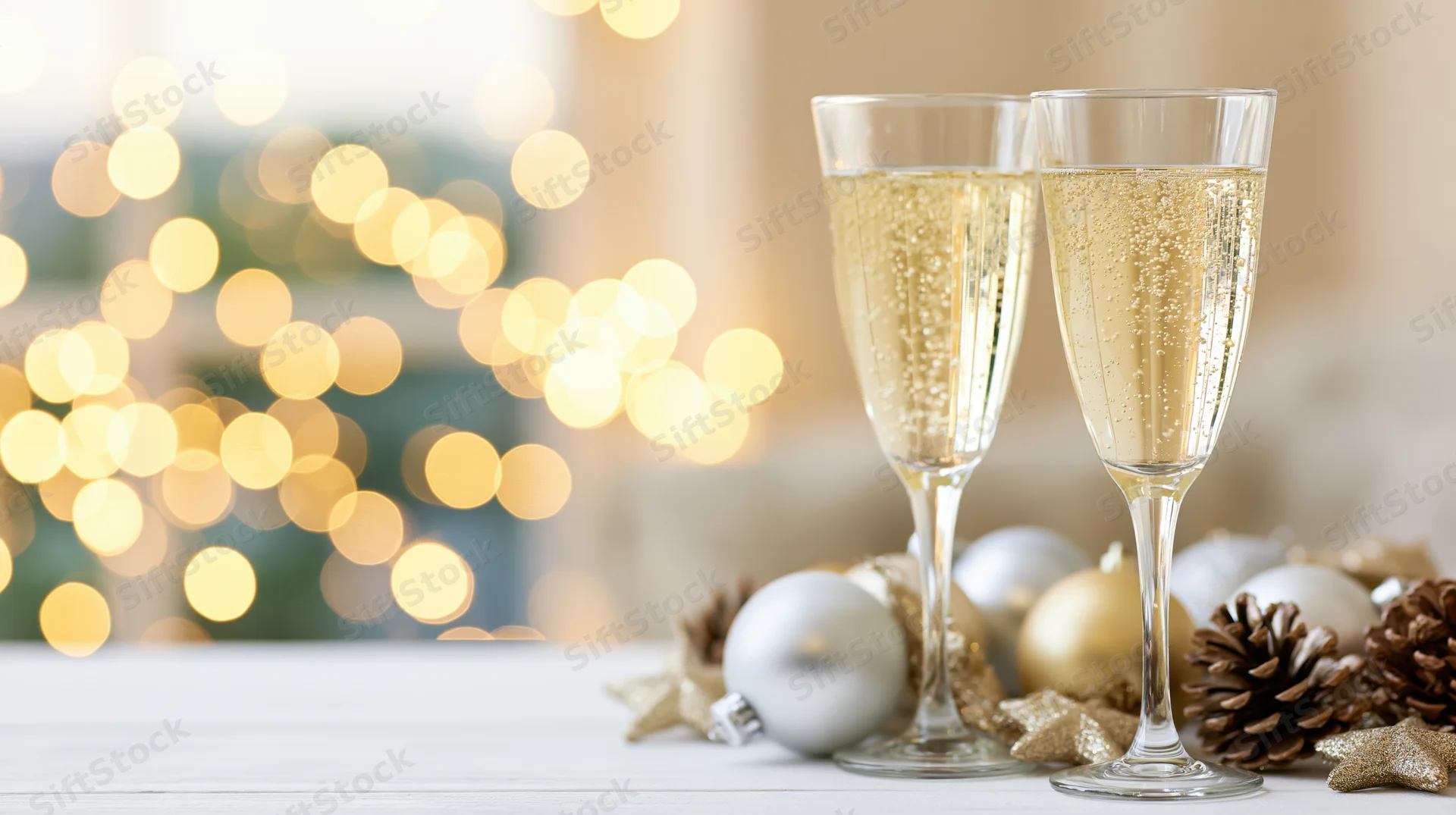 Two champagne flutes filled with sparkling wine on a white table beside holiday ornaments and pinecones with blurred festive lights in the background