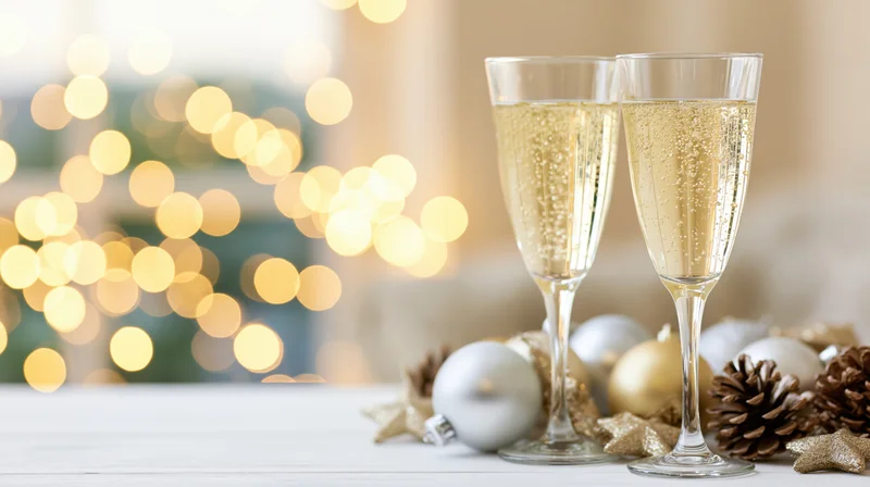 Two champagne flutes filled with sparkling wine on a white table beside holiday ornaments and pinecones with blurred festive lights in the background