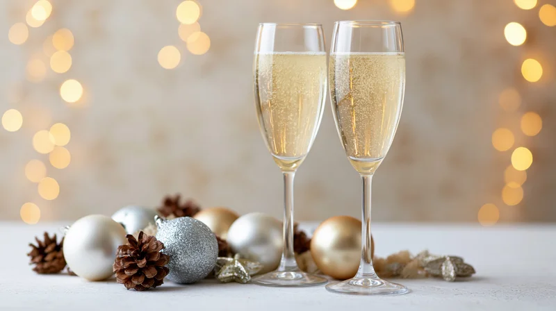 Two champagne flutes filled with sparkling wine beside silver and gold ornaments on a table with bokeh lights in the background