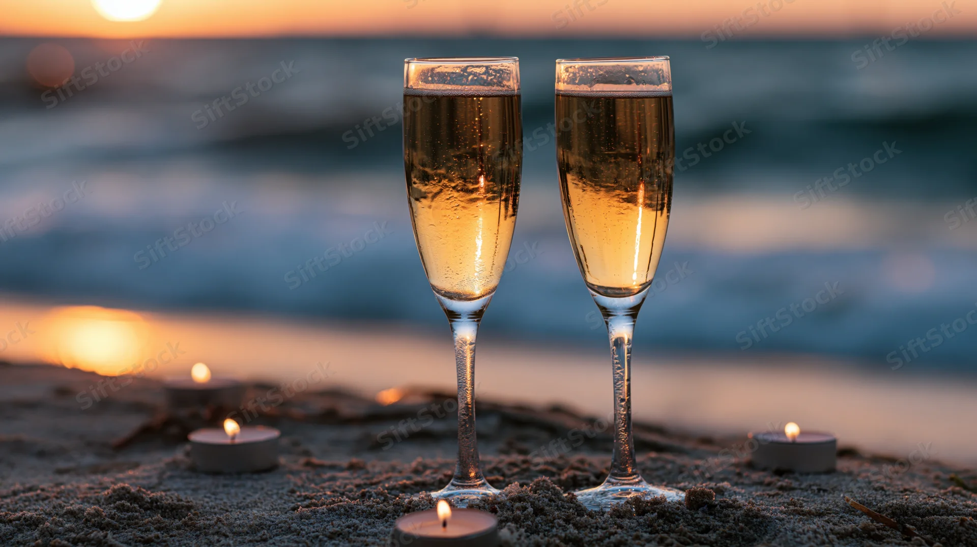 Two champagne flutes filled with sparkling wine on sandy beach at sunset surrounded by candles