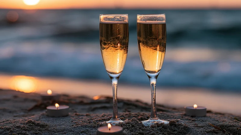 Two champagne flutes filled with sparkling wine on sandy beach at sunset surrounded by candles