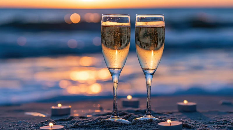 Two champagne flutes filled with sparkling wine on sandy beach at sunset surrounded by lit candles