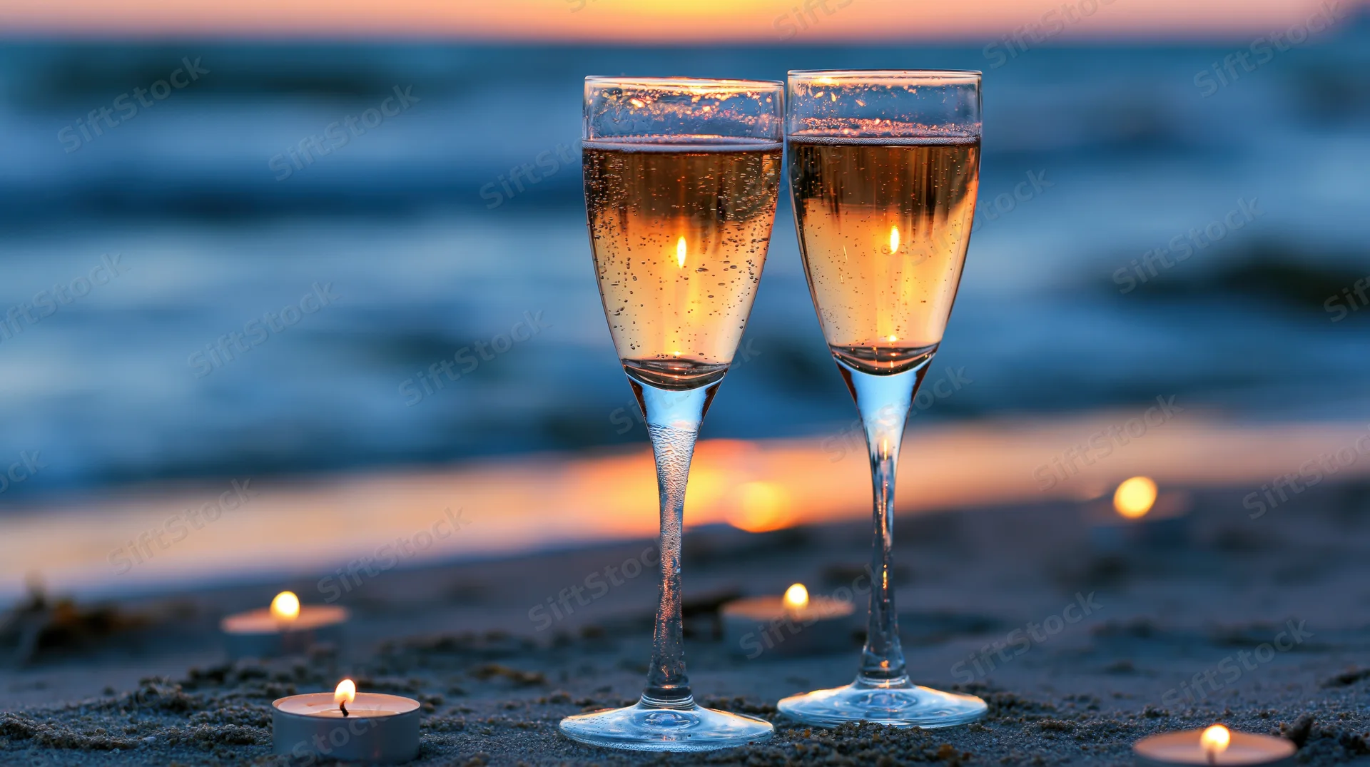 Two champagne flutes filled with sparkling wine on sandy beach at sunset surrounded by candles