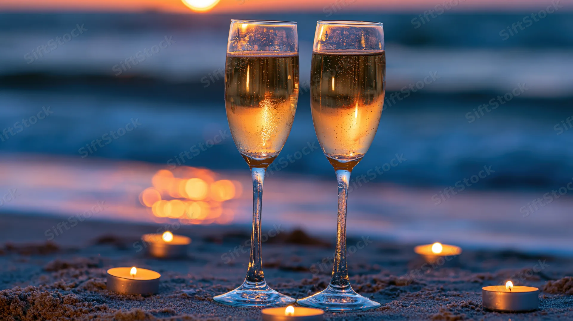 Two champagne flutes filled with sparkling wine on sandy beach at sunset surrounded by lit candles