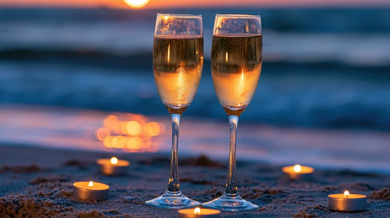 Two champagne flutes filled with sparkling wine on sandy beach at sunset surrounded by lit candles