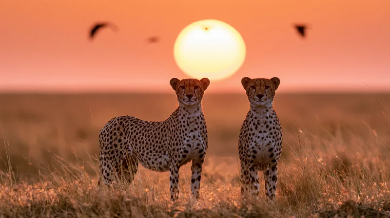 Two cheetahs standing alert side by side in open savanna at sunset