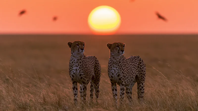 Two cheetahs standing alert side by side in open savanna at sunset
