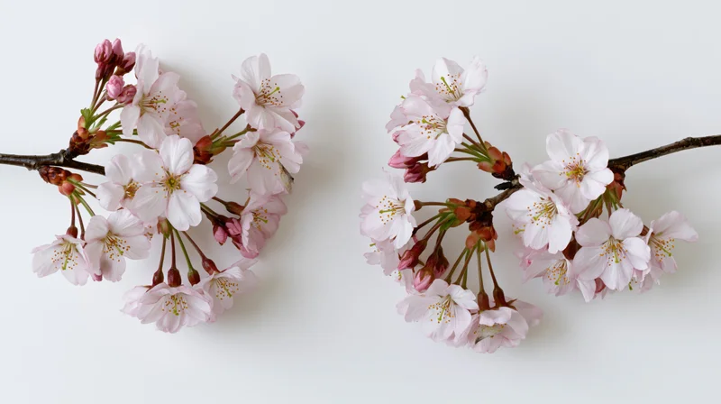 Two cherry blossom branches with open pale pink flowers arranged side by side on white background